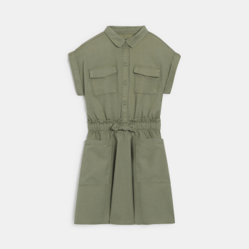 فستان-قميص بأكمام قصيرة، باللون الكاكي، للفتيات.